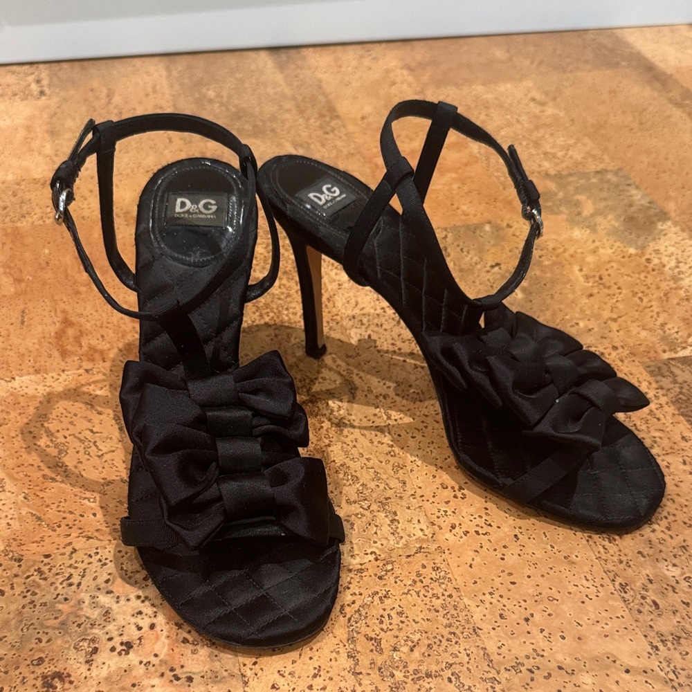 D&G Black Satin Bow Ankle-Strap Stilettos
